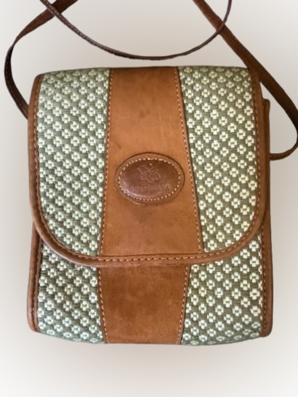 Vintage Guatemala Woven Crossbody Bag Brown Leather Trim Green Geometric Purse